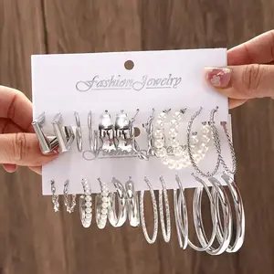 12 Pairs / Set Hoop Earrings With Faux Pearl Decor Elegant Simple Style Zinc Alloy Jewelry Trendy Female Gift
