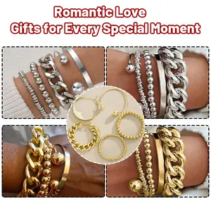  5 count Bangle Bracelets Set for Women - Multi Layer Stackable Textured Bracelets Chunky Chain Punk Layered Beaded Bracelet Cuff Bangles Boho Set(Gold Silver)