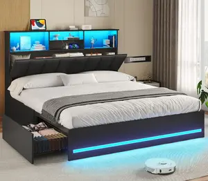 VIAGDO Queen Size Bed Frame with Bookcase Headboard, Wooden Modern LED Illuminated Bed with Charging Station (Type-C & USB), 4 Storage Drawers, No Box Spring Needed, Black