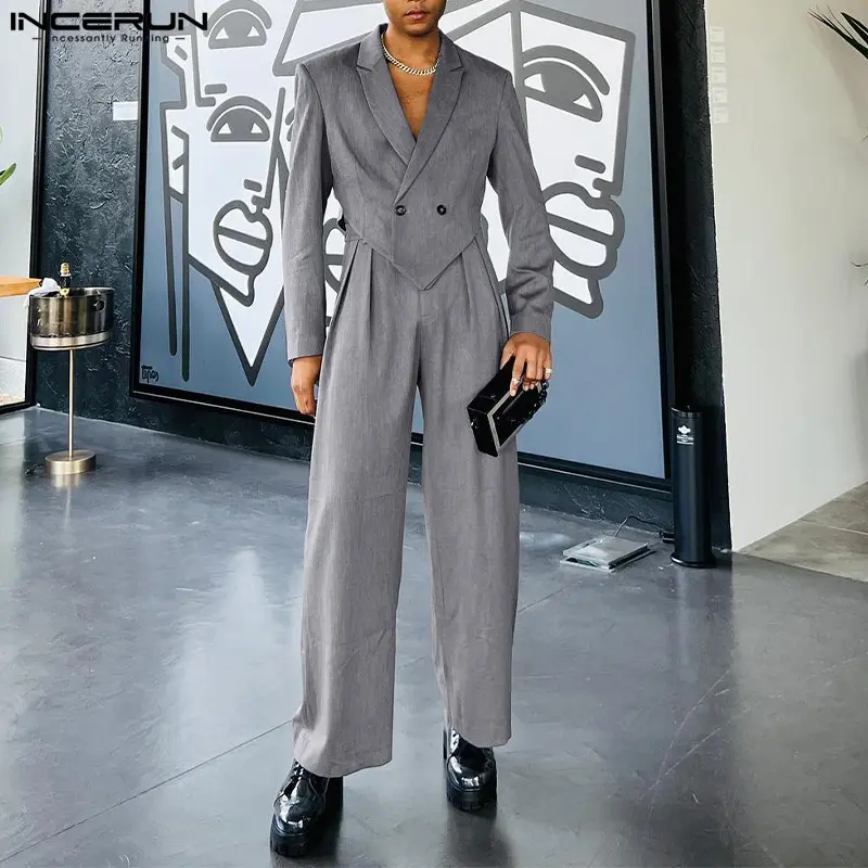 INCERUN Mens Long Sleeve Irregular Hem Blazer Suits Jackets + Trousers Two Piece Sets