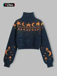 Women's Moon & Star Pattern Knit Sweater, Fall Winter Casual Fashion Long Sleeve Pullover, High-Quality Elegant Leisure Wear, Knitwear