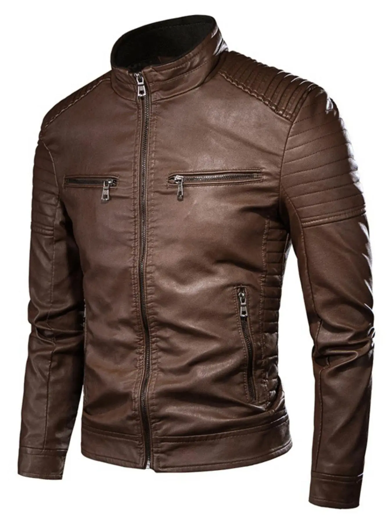 Men's Regular Fit Solid Pocket Zipper PU Faux Leather Casual Fashionable Jacket with Pockets Coats, Casual Long Sleeve Stand Collar Outerwear for Fall & Winter, Faux Leather Jackets, Men's Clothes for Daily Wear