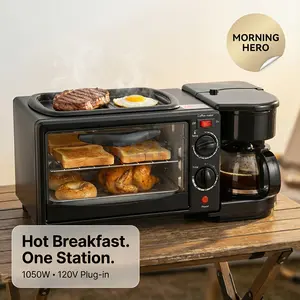 TazTir 3 In 1 Breakfast Maker Station Non-stick Pancake Cooking Pan 5 Cup Coffee Maker Coffee Percolator 4 Slice Toaster Oven Built In Timer tray Coffee Bar Station Holiday Gift For Apartments Kitchenettes