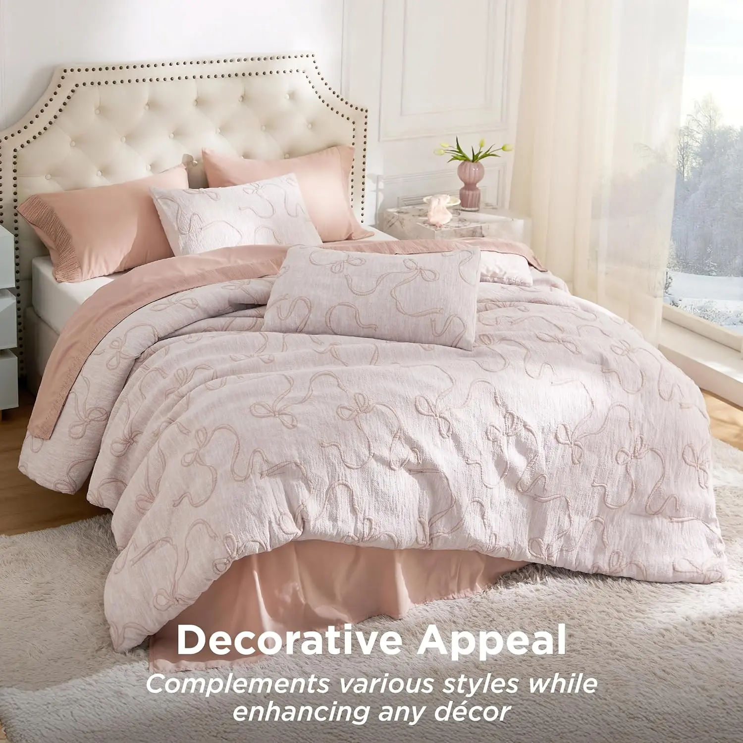 Bedsure GentleSoft 3-Piece Breathable Bow Queen Comforter Set with 2 Pillow Shams, Cute Bedding for Girls, Room Decor, Girl Room Accessories, Home Decor Items (Comforter Set King Option Available)