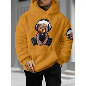 Men's Cartoon Bear Embroidery Pocket Fuzzy Hoodie, Fitted Casual Long Sleeve Hooded Sweatshirt for Fall & Winter, Men's Clothes for Daily Wear