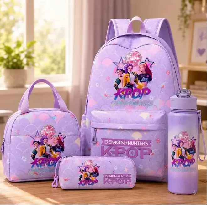KPOP Demon Hunters Backpack 4 Piece Set with Water Bottle, Large Capacity Laptop Backpack, Lunch Bag & Pencil Case