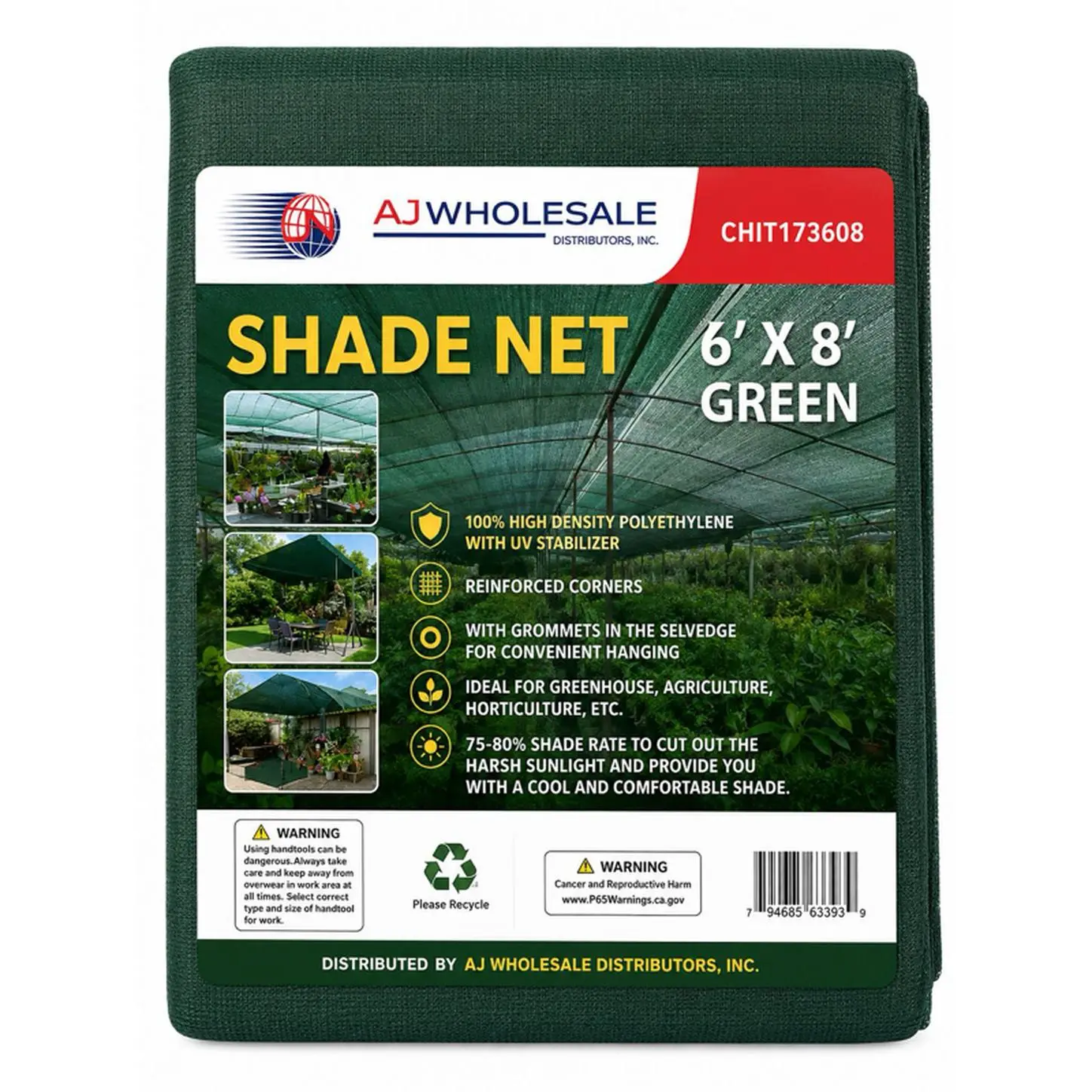 6' x 8' Green Shade Net CHIT173608 75-80% Coverage for Greenhouse Agriculture Horticulture
