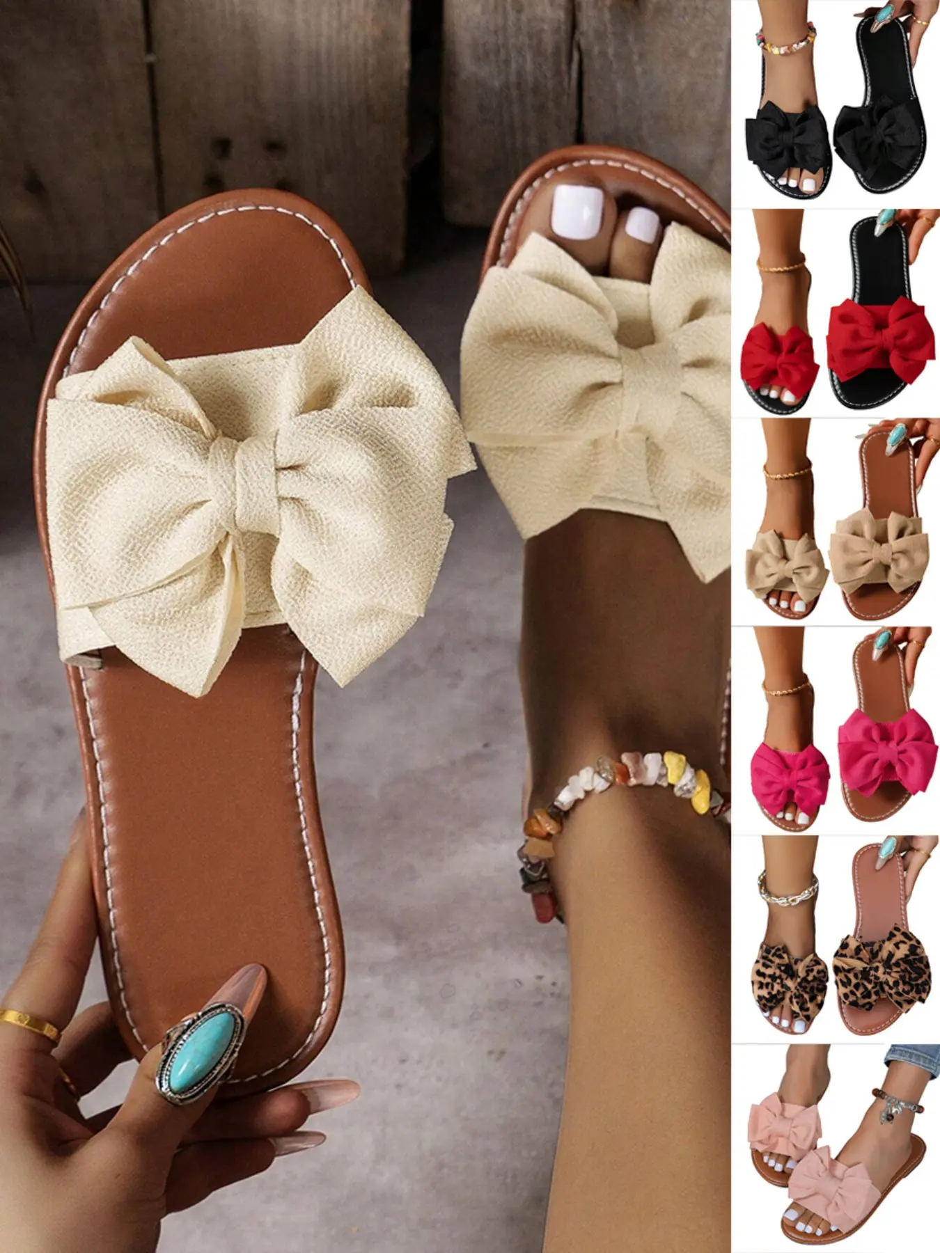 Women's Plain Bow Decorated Slip-On Flats, Boho Style Fashionable Sandals, Minimalist Lightweight Non-Slip Sandals for Summer & Outdoor Beach, Casual Home Sandals, Daily Wear Sandals, Boho Style Slides, Breathable Flat Sandals