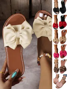 Women's Bow Decorated Slip on Flat Sandals, Boho Style Sandal, Simple Plain Lightweight Non-slip Sandals for Summer, Casual Home Sandals for Outdoor Beach