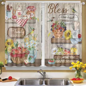 2pcs Rustic Kitchen Window Curtains, 28x40 Inch, Sunflower & Fruit Patterns, Light-Filtering Polyester Drapes with Positive Wishes, Machine Washable, Contemporary Geometric Design for Living Room Decor, Kitchen Curtains, Light Filtering Drapes casual home