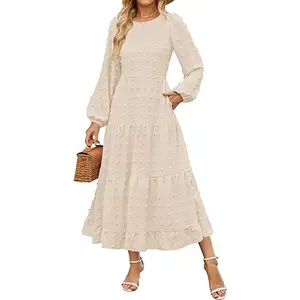 ZESICA Women's Fall Long Sleeve Maxi Dresses 2026 Crew Neck Swiss Dot Tiered Flowy A Line Wedding Cocktail Party Dress