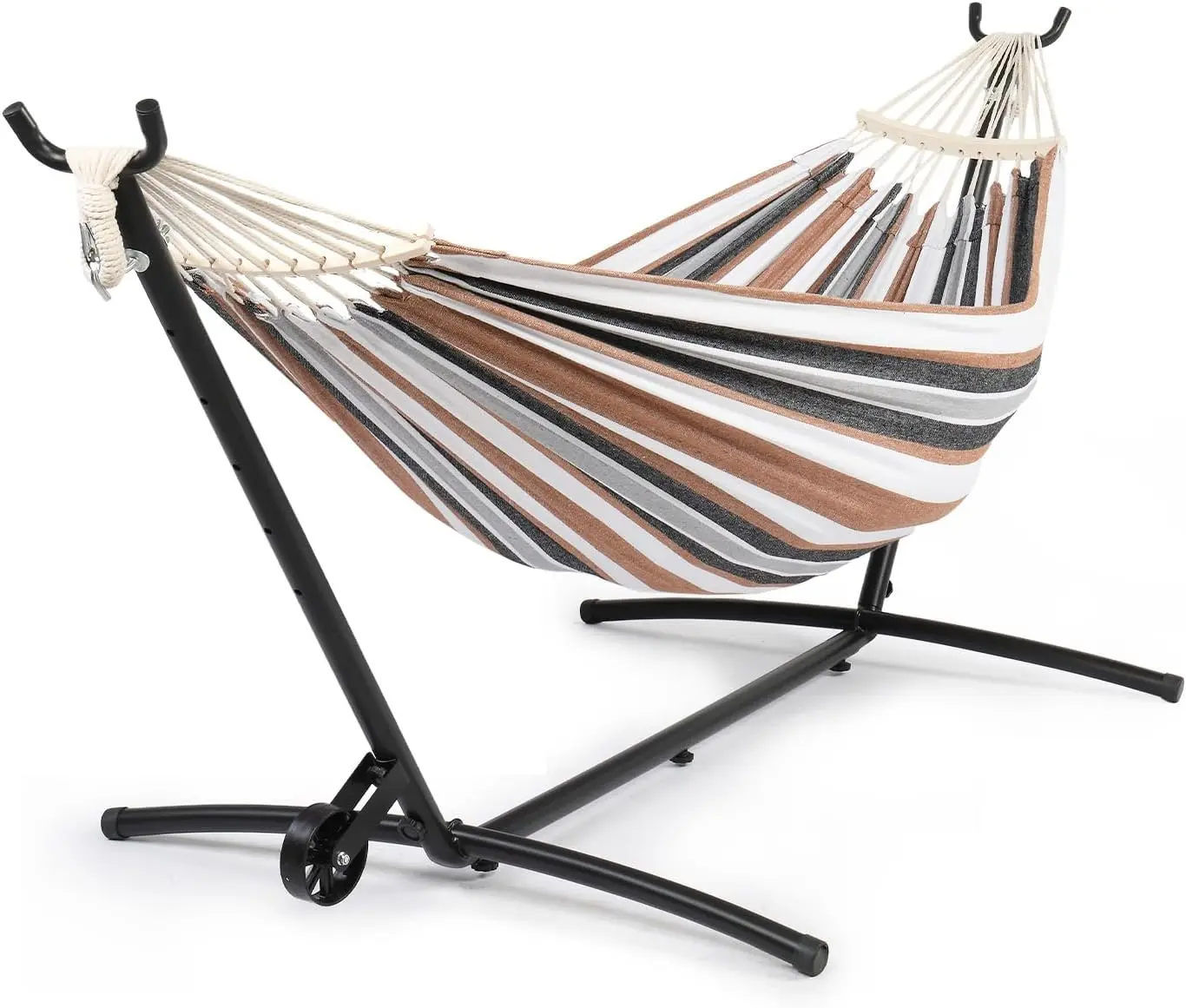 VINGLI Double Hammock with Spreader Bar & Heavy-Duty 9ft Steel Wheel Stand, Brazilian Hammock Set, Portable Hammock with Stand for Outside, Backyard, Camping, Includes Carry Bag, 440lb, Desert Strip,home decor,camping essentials