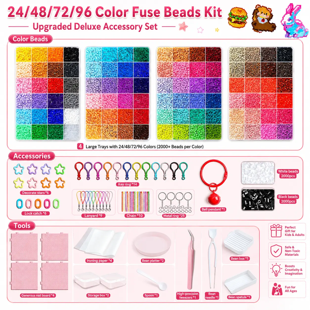FURCOLY DIY Beading Kit - 24/48/72/96 Color Sets, Pegboards, Ironing Paper, Tweezers & Craft Accessories for Jewelry Making, Pixel Art