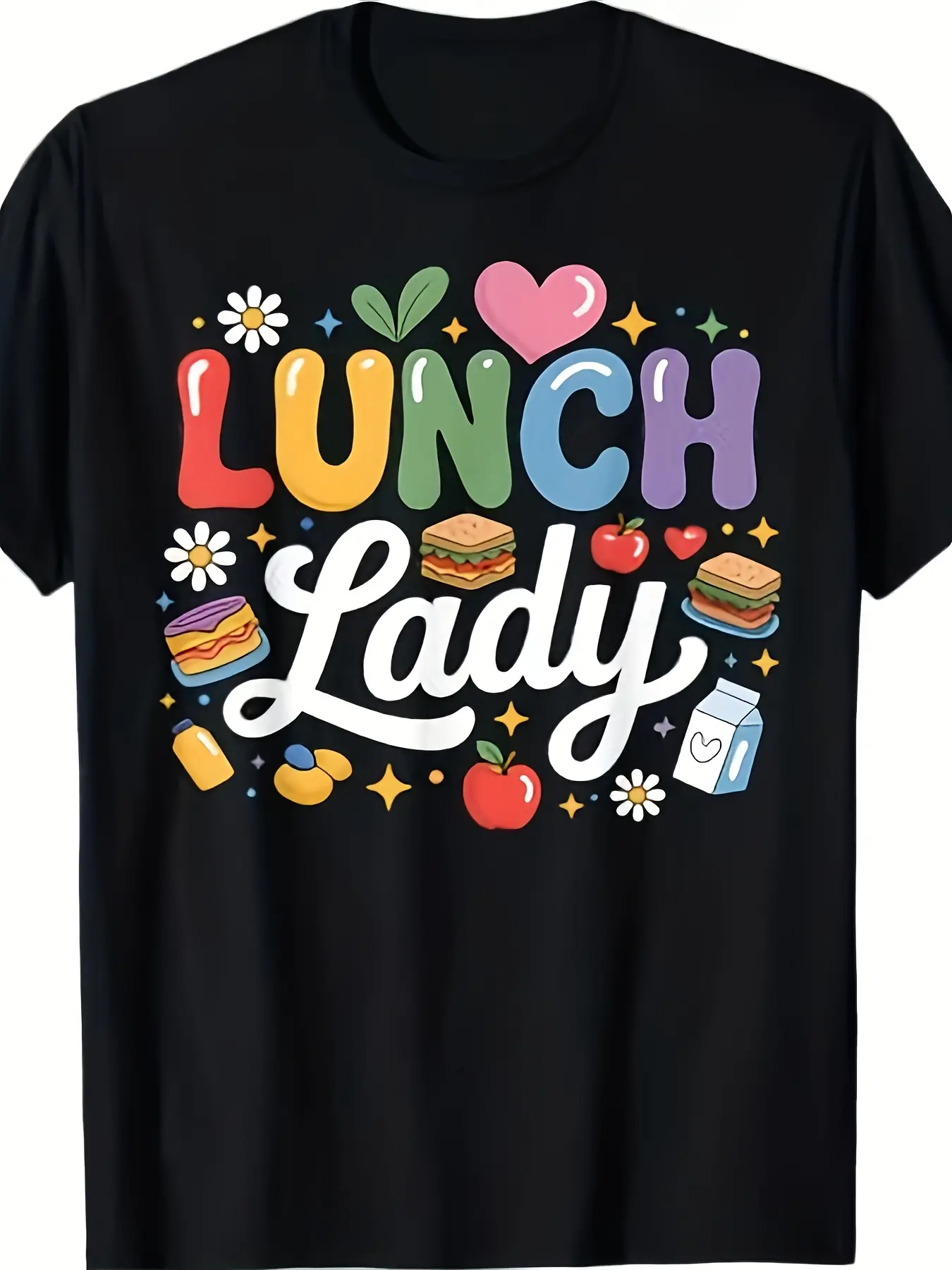 Retro Lunch Lady Appreciation T-Shirt |   Vintage School Cafeteria Graphic with Lunch Icons - Unisex Adult Short Sleeve Crew Neck Tee for Back to School Staff & Cafeteria Workers - Comfortable Casual Fit