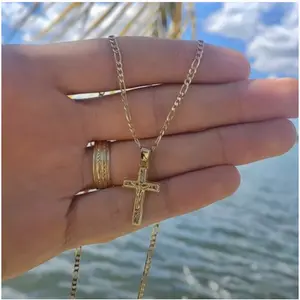 CZ Jesus Cross Pendant Necklace with Figaro Link Chain - 14K Gold Filled Jewelry For Newborn Toddler Youth Adults