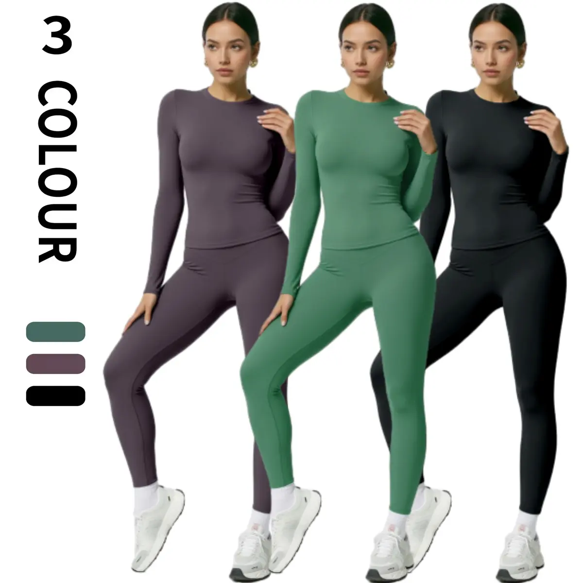 Women's 2-Piece Solid Color Tracksuit Set - Athletic Fashion Activewear, Sporty Round Neck Long Sleeve Top & Leggings, Comfortable Sweatsuit Outfits for Yoga, Running, Tracksuit Sweat Suits