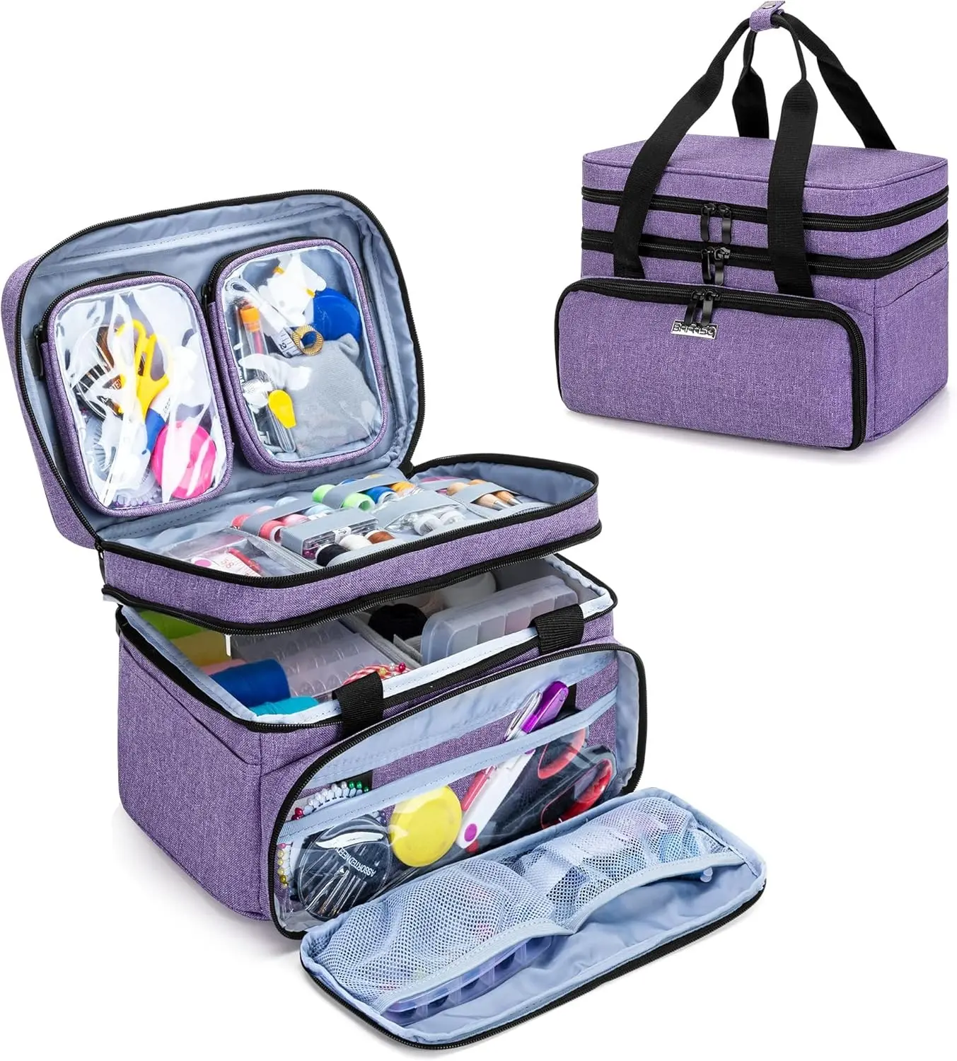 Double Layer Sewing Accessories Organizer, Purple | with 2 Detachable Pouches, Large Sewing Storage Bag for Sewing Tools (BAG ONLY)