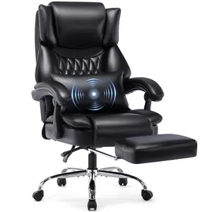 High Back Massage Reclining Office Chair with Footrest, Executive Office Chair with Lumbar Massaging Cushion-Multifunctional Home Office Chair with Adjustable Tilt Angle and Height, Black home office