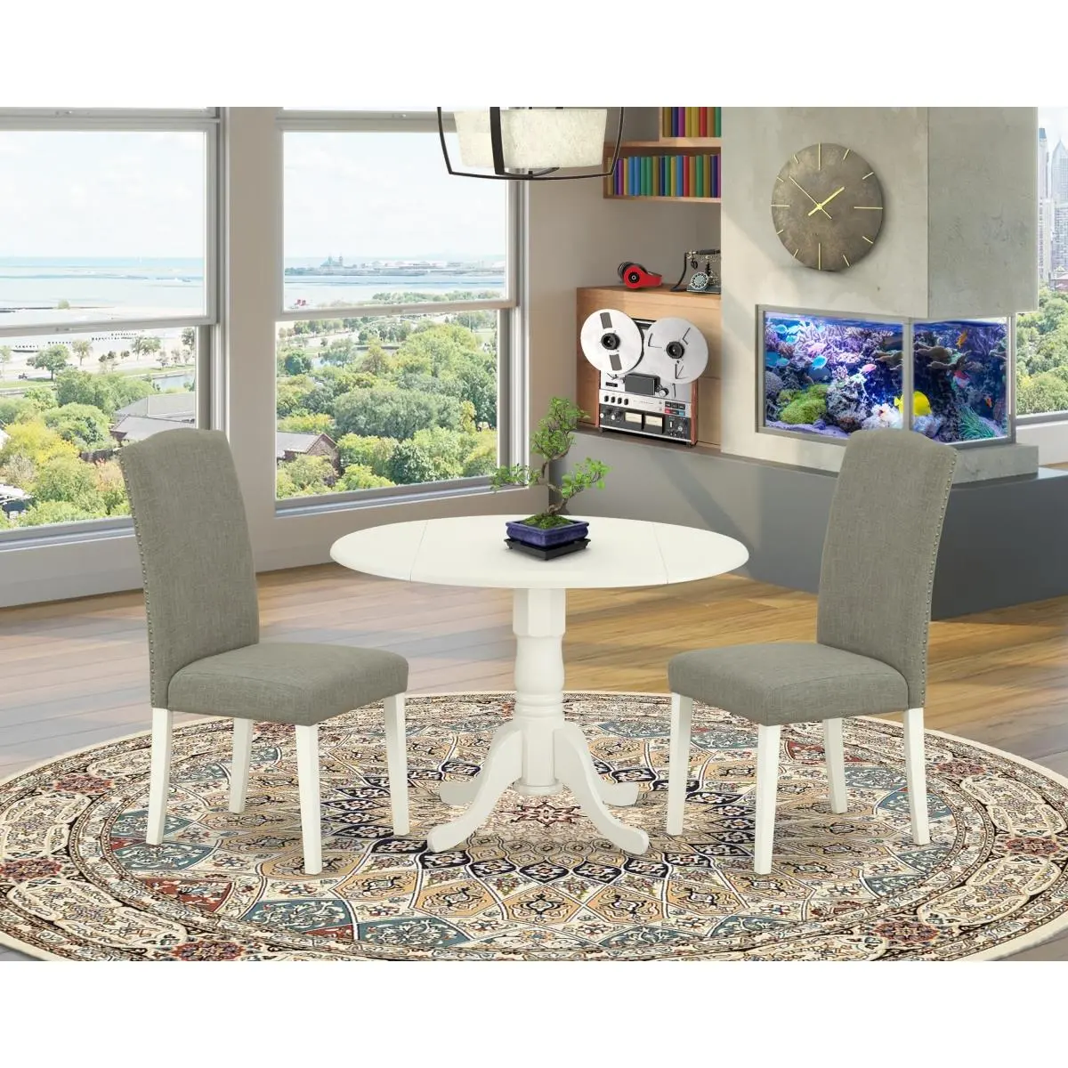 East West Furniture 3-Piece Durable Dark Shiitake Asian Hardwood Dining Set - 42 in. Round Table (2x9 in. Drop Leaves), Hardware-Included Parson Chairs, Linen Finish, Linen White Legs, Assembly Required for Family Time & Great Dining Experience