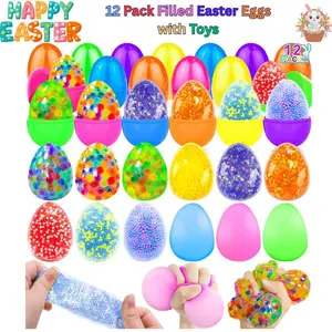 12-Pack Prefilled Eggs with Silicone Squishy Stress Ball Fidget Toys, Random Surprise Set, Safe-Material Stress Relief Kids Easter Gifts, Basket Stuffers