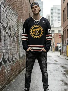 Heated Rivalry Black Hockey Jersey Long Sleeve, Rozanov #81 Classic Vintage Geometric Pattern Fitted Cut Print Top, for TV Series Fans, Sport Training & Daily Wear