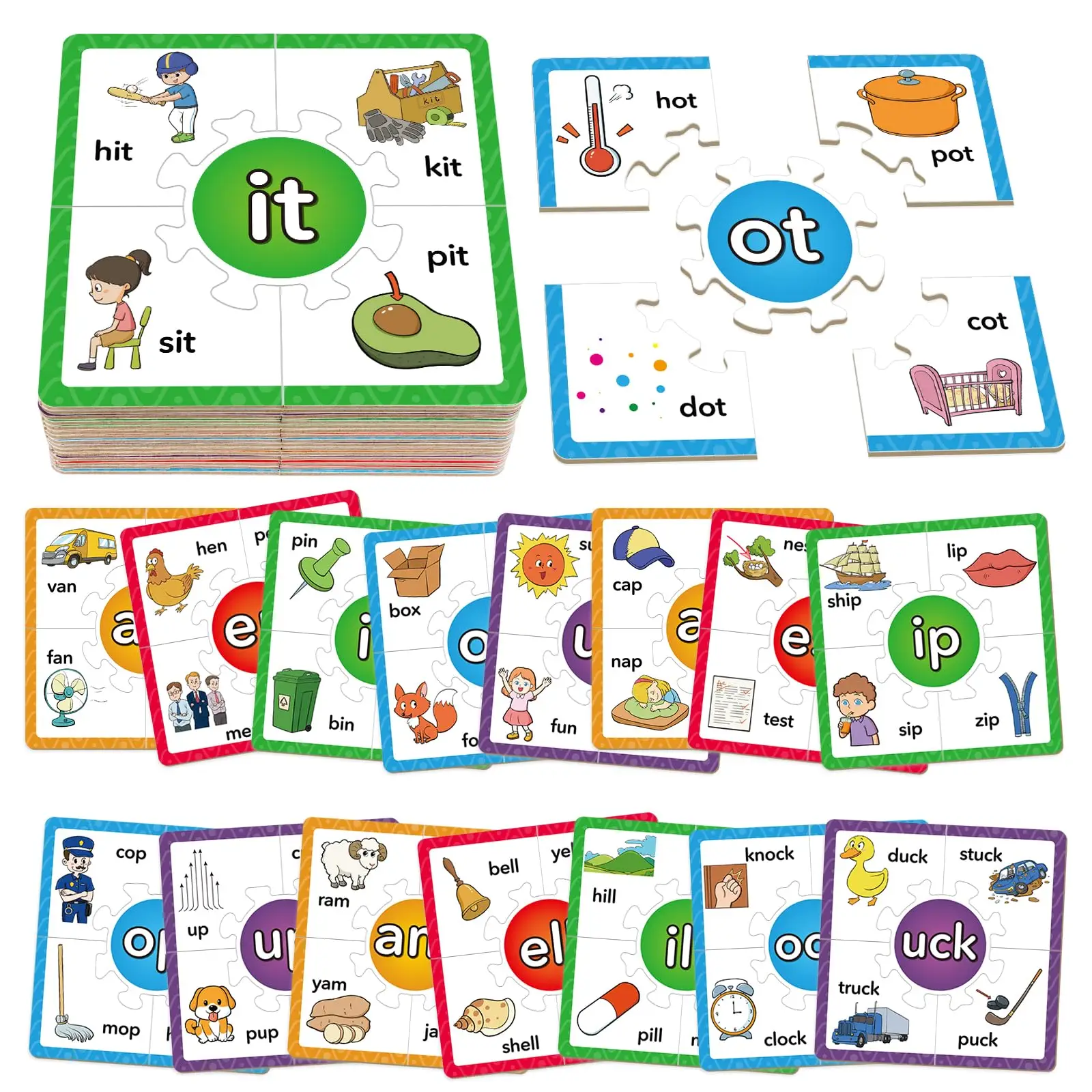 Torlam Phonics Puzzles Rhyming Games Phonics Games Flash Cards, Learn to Read Spelling Reading Sight Words, Short A E I O U Blends Site Words