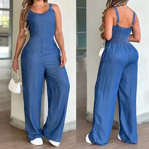 ChicMe Women's Curvy Fit Denim Jumpsuit with Adjustable Straps & Shirred Back Wide Leg Retro Overalls Breathable High-Waist One-Piece Romper