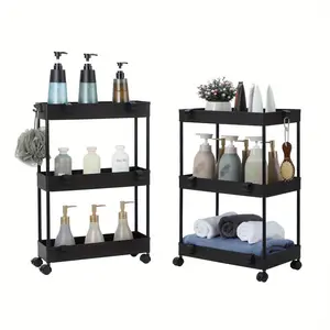3 - tier black plastic multi - functional cart, detachable, space - saving, can store toiletries, sundries, and is suitable for use in bathrooms, kitchens, homes, DIY projects, bedrooms, living rooms, offices, salons, reading and studying.