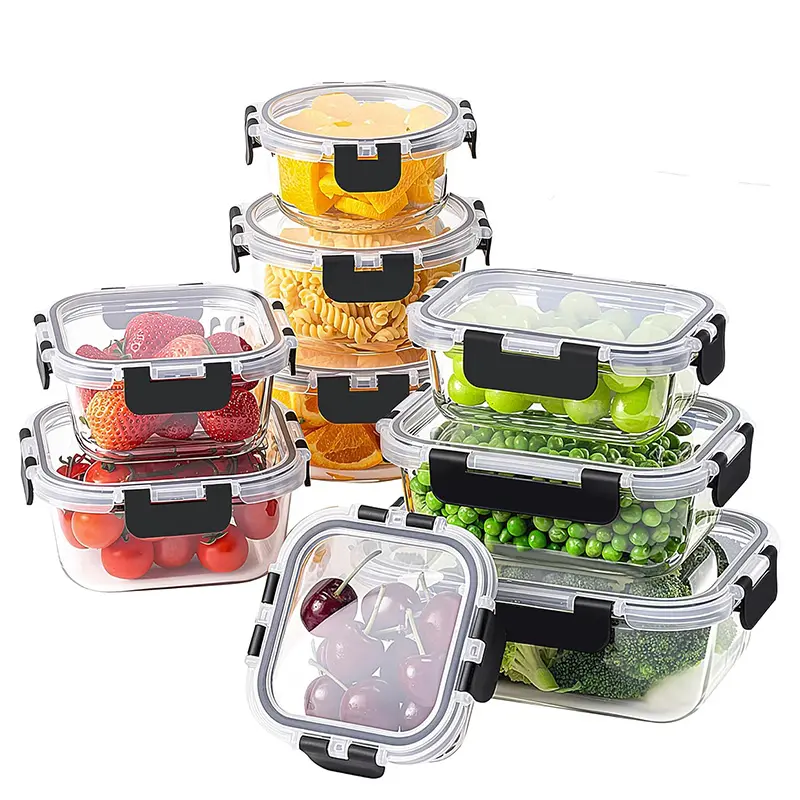 Premium glass storage containers 24pcs set (12 containers + 12 lids) BPA free airtight leakproof rectangle square round mixed shapes black lids microwave oven freezer safe reusable lunch meal prep kitchen storage solution tiktok made me buy it