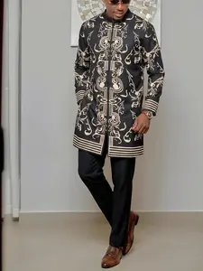 Muslim Men's Modest 2-Piece Set African Boubou Long Sleeve Zipper Print Ethnic Suit, Elegant Formal Wear All Season Wear for Festivals Weddings Parties Gifts Outfits