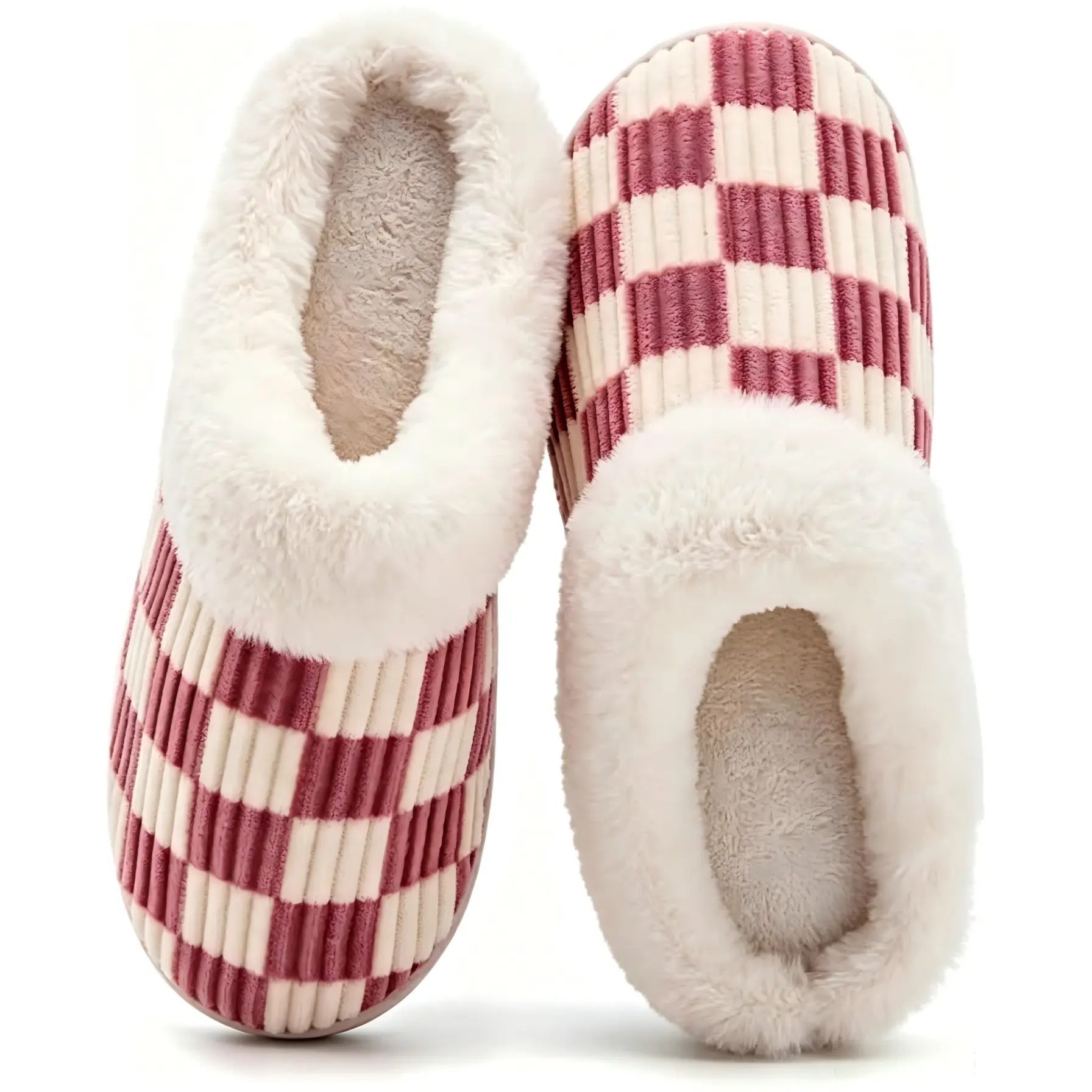 Women House Fuzzy Slippers - Plaid Scuff Checkered Slip-on Indoor Outdoor Comfortable Soft Slides
