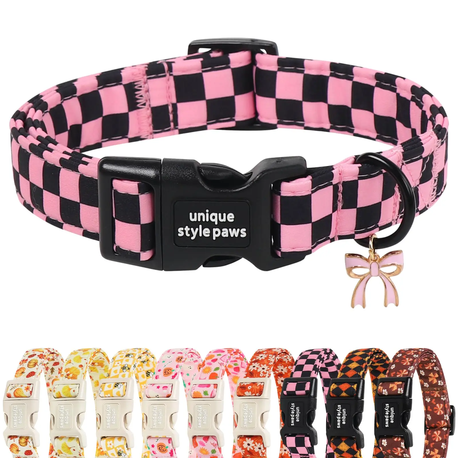 Unique Style Paws Halloween Dog Collar, Adjustable Cute Pink Plaid Accessory Puppy Fabric Necklace for Small, Medium & Large Dog Breeds