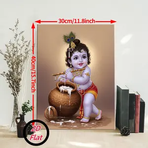 Hand-Painted Krishna God Butter-Playing Framed Canvas Art, 1-Piece Pine Wood Framed Home Decor Poster & Print, 11.8x15.7in (30x40cm) for Living Room, Bedroom