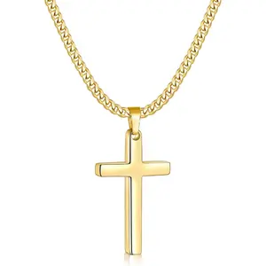 Fiusem Cross Necklace for Men and Women, Gold Plated Mens Cross Necklaces with 3.5mm Cuban Chain, Stainless Steel Pendant Chain 16-24 Inches