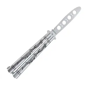 Practice Butterfly Trainer With Sure Spring Latch  Full Stainless Steel Black Dull Balisong Unsharpened Comb For Csgo Training(silver)