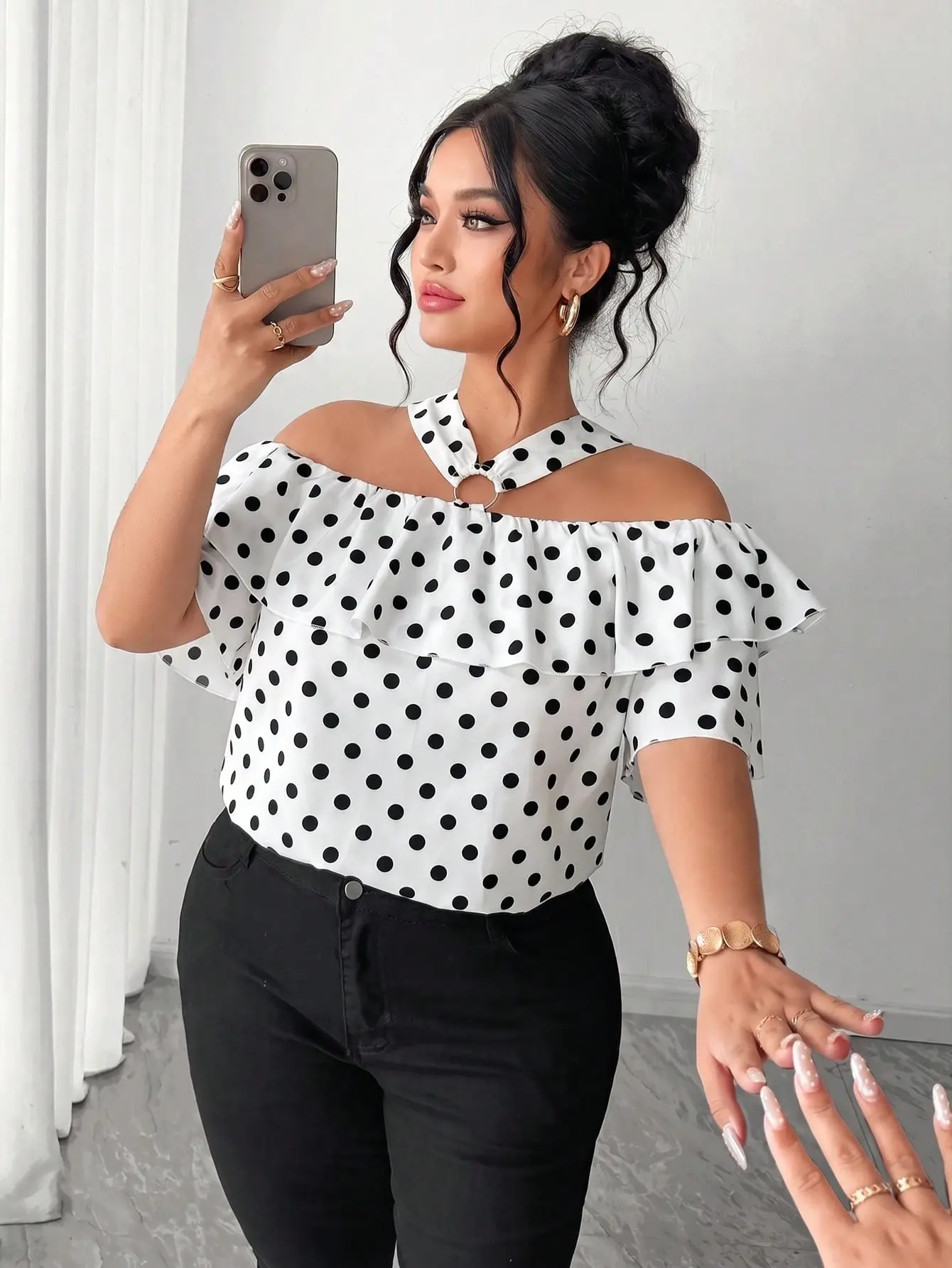 VYNCE Elegant Off-Shoulder Metal Decor Ring Ruffle Straight Neckline Plus Size Polka Dot Blouse Women's Summer Top