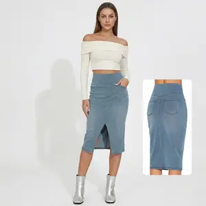 THE GYM PEOPLE Women's High Waisted Stretchy Jean Skirts Front Slit Washed Midi Denim Skirt with Pockets Bottoms Basic