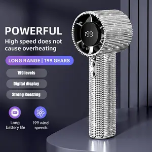 S5 Full Diamond Luxury Portable Handheld Turbo Fan 3 Gear Wind Rechargeable Battery Digital Display for Outdoor Travel Office Women's Gift