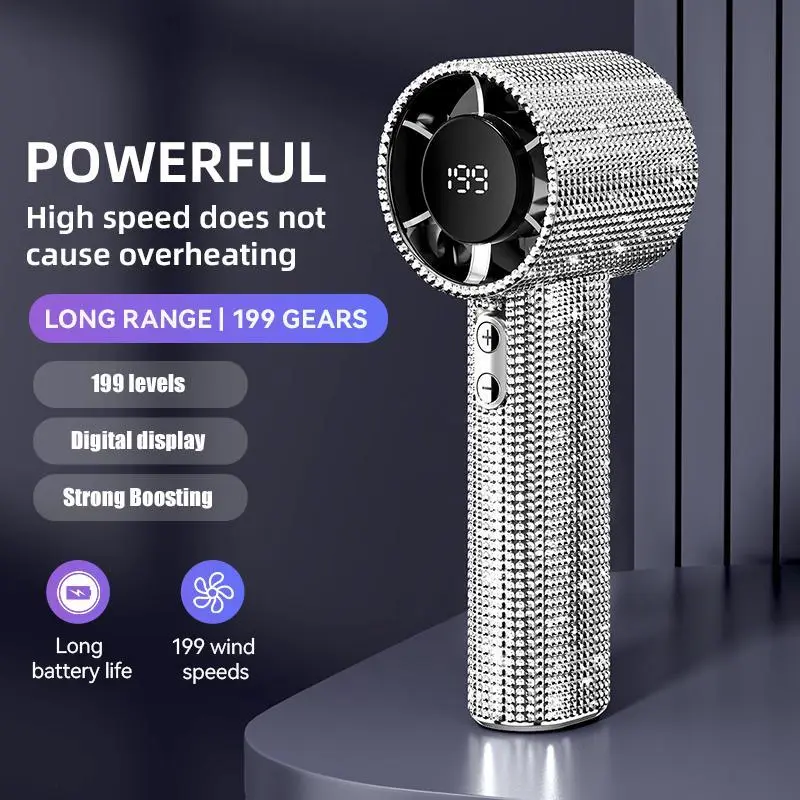 S5 Full Diamond Luxury Craftsmanship Portable Handheld Turbo Fan, 3 Gear Wind, Rechargeable Long  Battery Life Hand Fan With Digital Display For Outdoor Activities, Travel, Office,Wonmen's gift