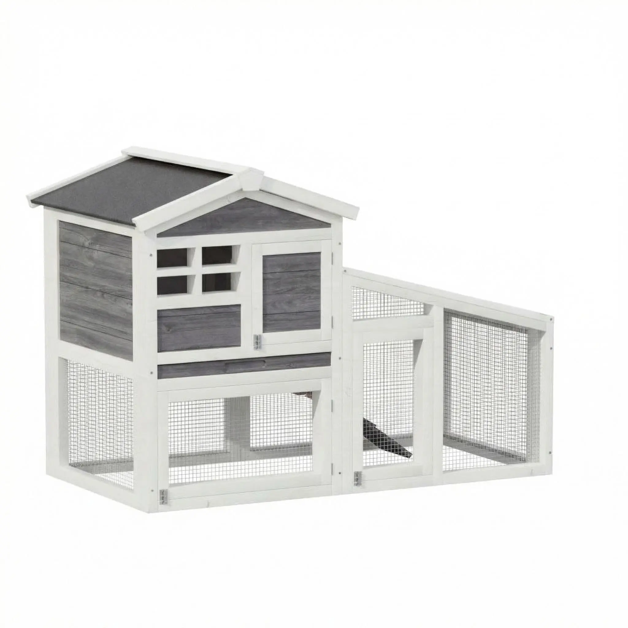 2-Story Wooden Rabbit Hutch, Rufous White, Anti-Chew Frame & Ramp, Leak-Proof Tray, Weatherproof Roof for Indoor Outdoor Use