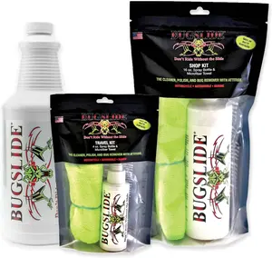 BugSlide Saver Pack, 4 oz Travel Kit with Microfiber Cloth, 16 oz Spray Kit with Microfiber Cloth, 32 oz Refill Bottle, Waterless Detailer long-lasting shine