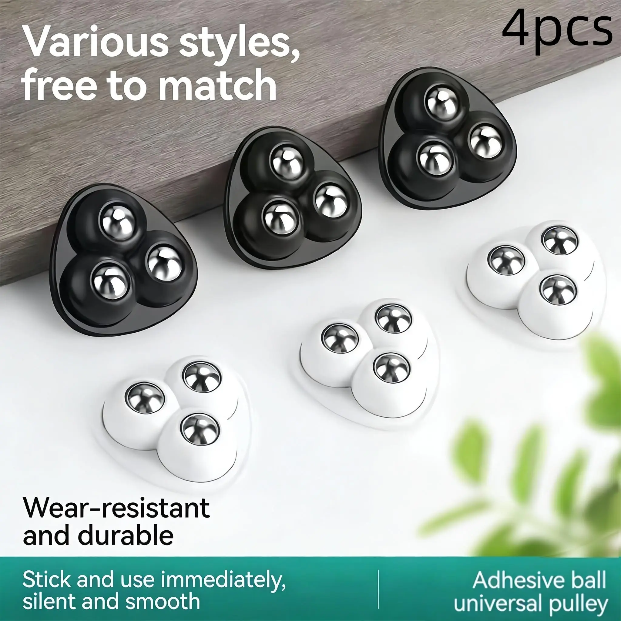 Four Universal Furniture Wheels, No-Drill Adhesive Ball Bearing Casters, Home Hardware Foot Wheels, Easy Move