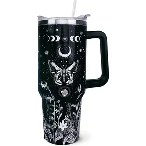 40 oz Tumbler with Handle and Straw, 40oz Goth Tumbler with Handle Insulated Leak Proof Travel Coffee Mug, Reusable Stainless Steel Tumblers Butterfly Drinkware Flasks Plastic Portable Birthday