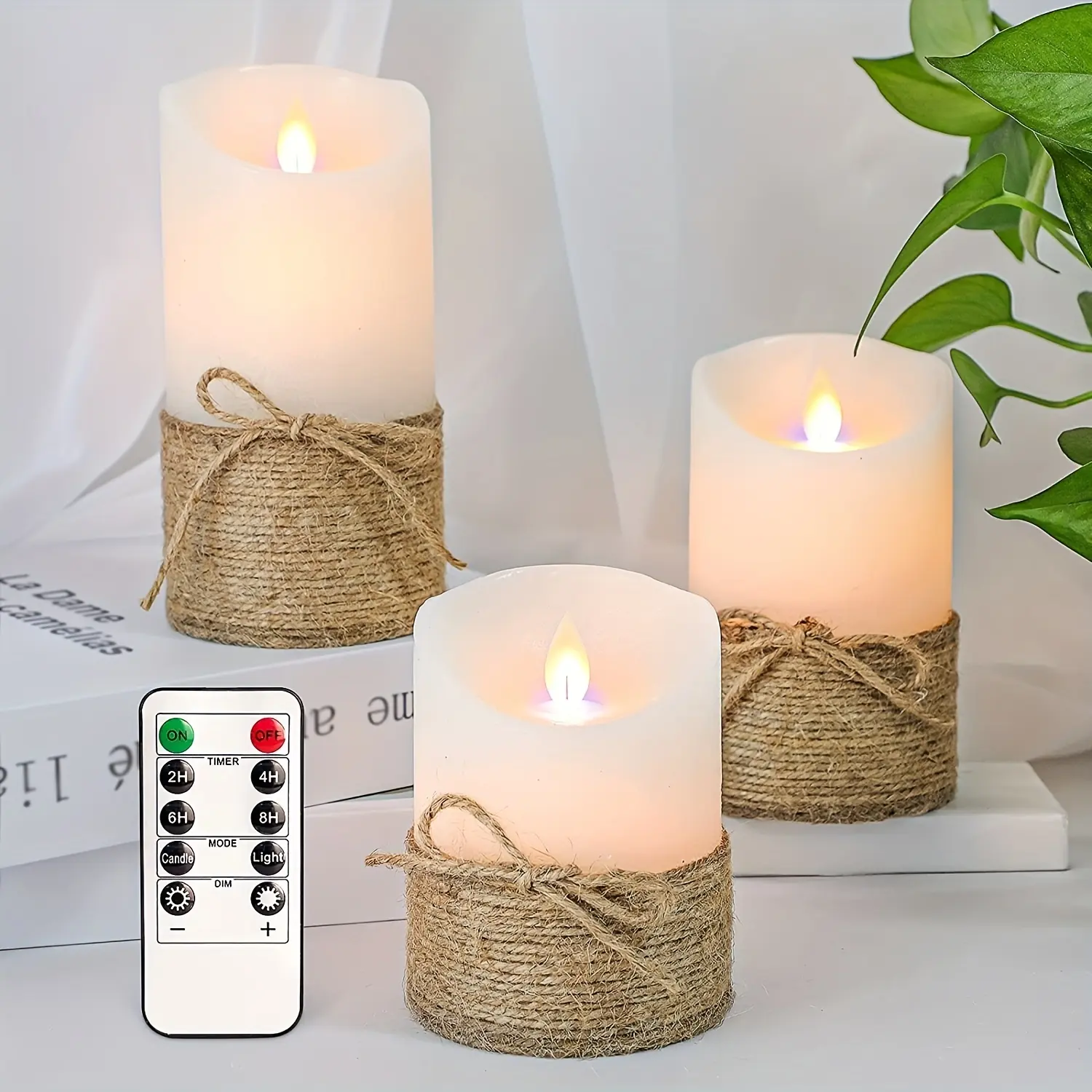 3pcs Battery-Operated Dimmable Warm White LED Fireless Candles Set - Cylindrical Indoor Home Decor Lights with Remote Control, Timer, Jute String Detail, for Bedroom, Halloween Decoration