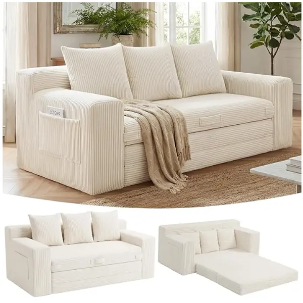 WINZOO 3-in-1 Convertible Boneless Loveseat Sleeper Sofa Bed - Corduroy Pull-Out Futon Boneless Couches with Side Pockets, Handle, 2 Pillows, No Assembly for Small Space Sofas Living Room, Living Room Couches Apartment Furniture