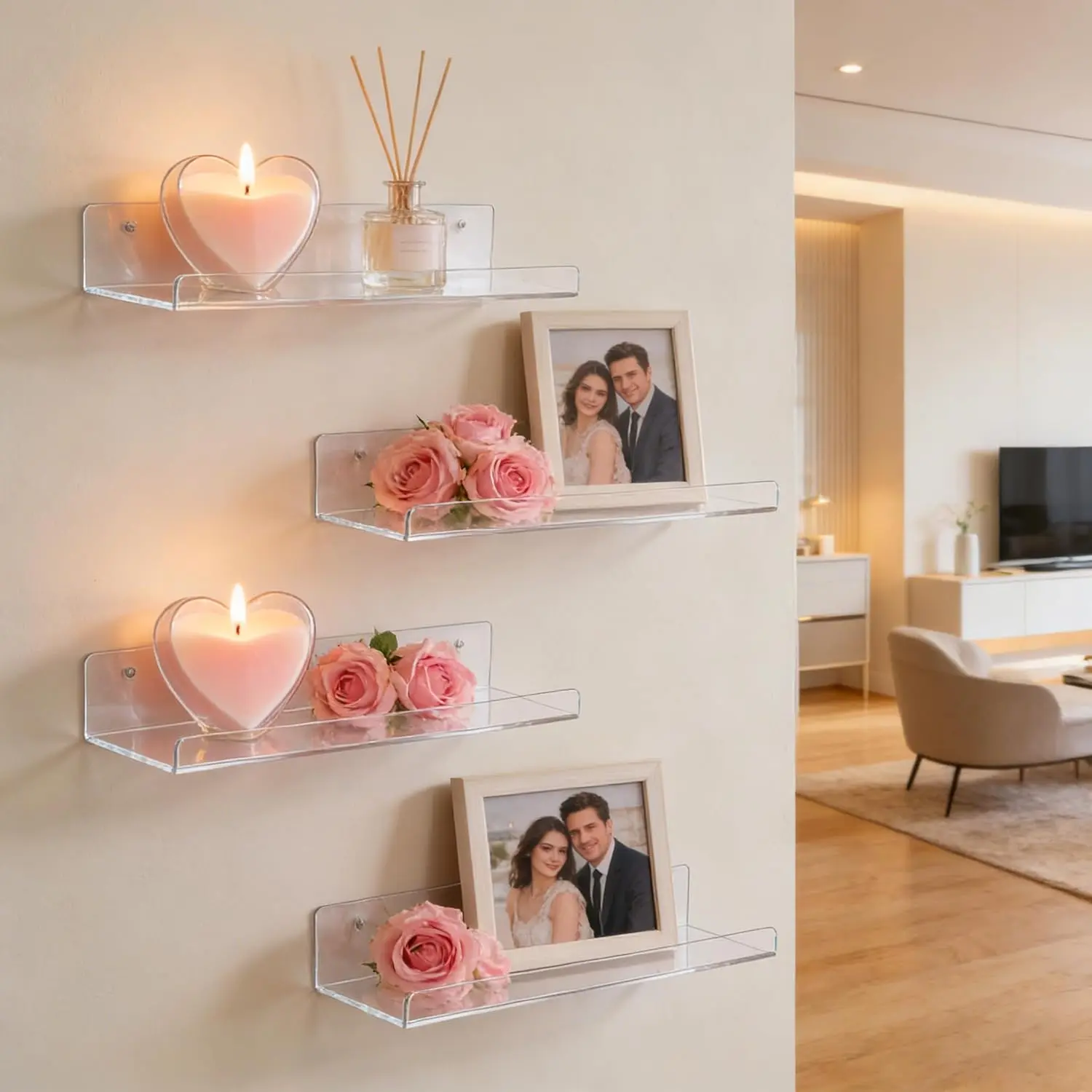 Floating Acrylic Shelves for Small Spaces, Wall Storage Organizer for Bathroom, Bedroom and Dorm Room