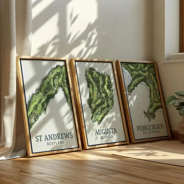 Famous Golf Courses – 3-Print No Frame No Frame Set (Augusta, Pebble Beach, St Andrews), Vintage Golf Wall Art, Gift for Dad