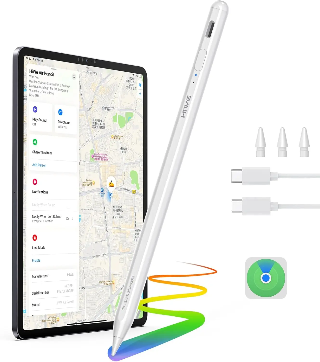 HIWE Portable Durable Anti-Lost Bluetooth Stylus Pen for iPad (2018-2025) - Tablet Accessories with Find My Support, Tilt Sensitivity, Magnetic Shortcuts, Fast Charging, 10H Batteries, 3 Replaceable Tips, Unisex