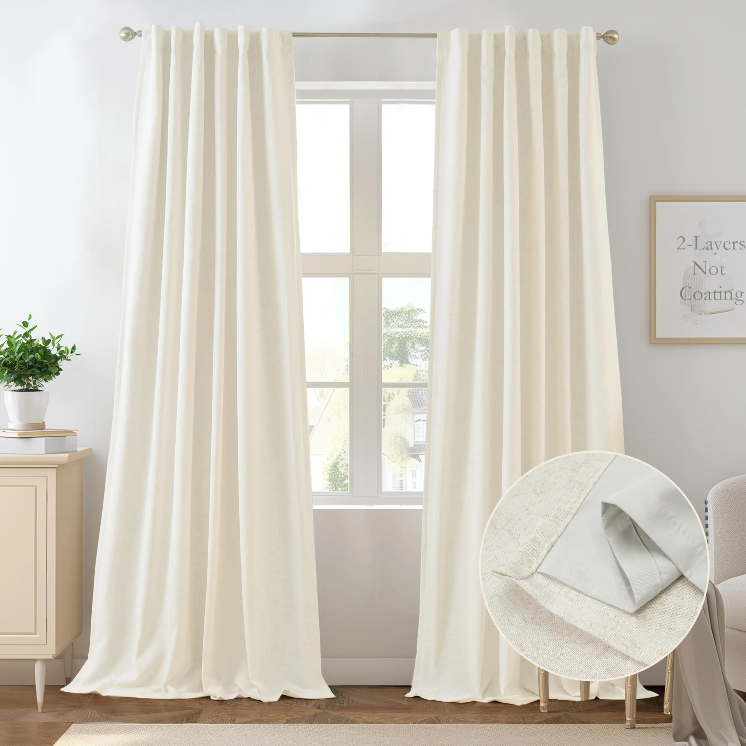 DriftAway 100% Blackout Linen Curtains for Bedroom Double Layer Drapes Farmhouse Thermal Insulated Back Tab Full Light Blocking 2 Panels for Living Room Nursery
