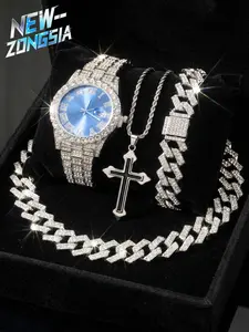 4-Piece Gift Set Watch Necklace Bracelet Box, Cross Punk Style, Analog Round Face, Adjustable Strap, All Seasons Accessory Jewelry Set